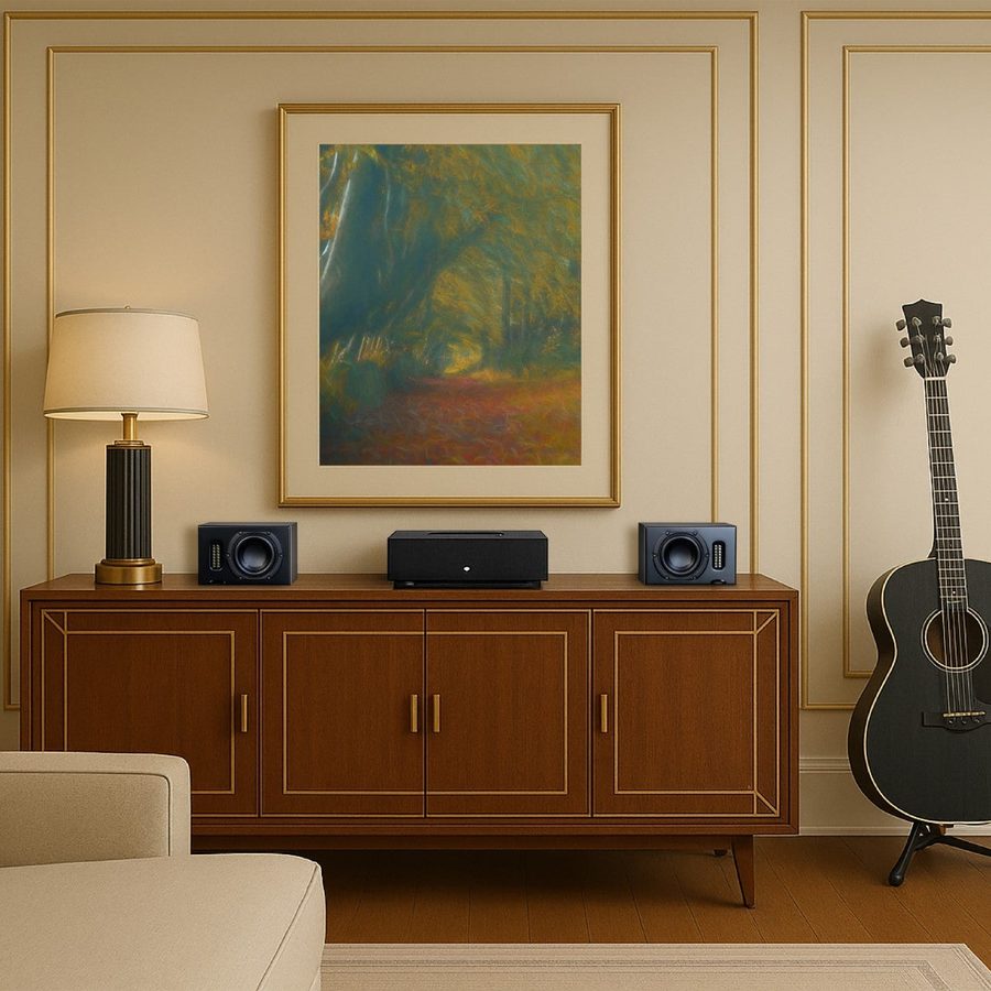 Neat Iota II standmount loudspeakers on stands in a living room