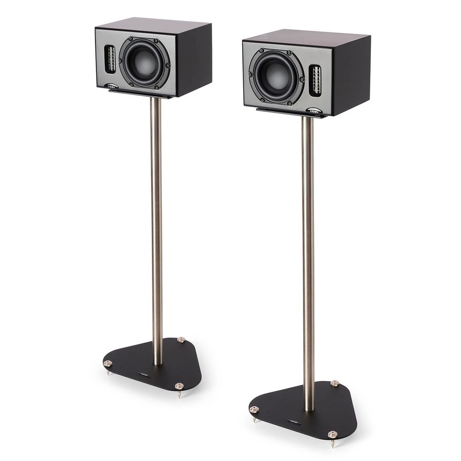 Neat Iota II standmount loudspeakers in black oak, on stands