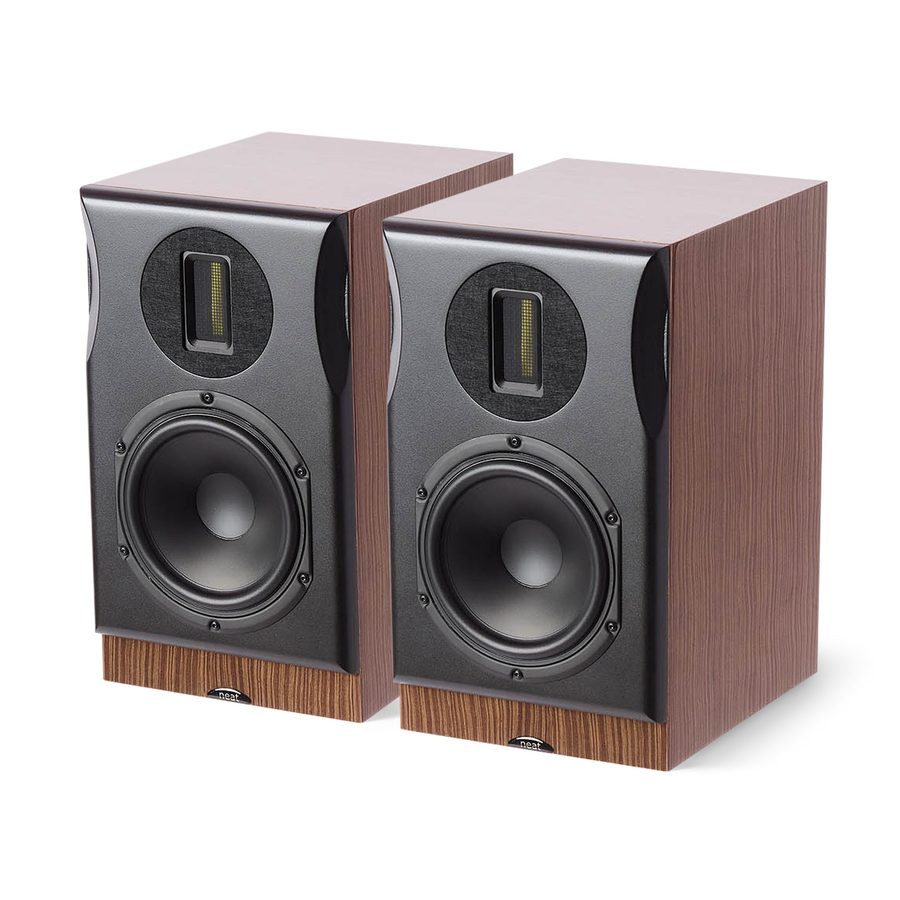 Neat Majistra standmount loudspeakers in gloss ebony flame, on stands