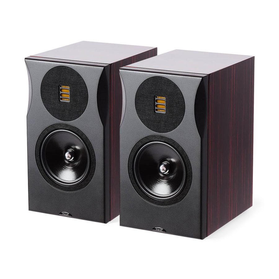 Neat Momentum JS standmount loudspeakers in gloss ruby flame, on stands